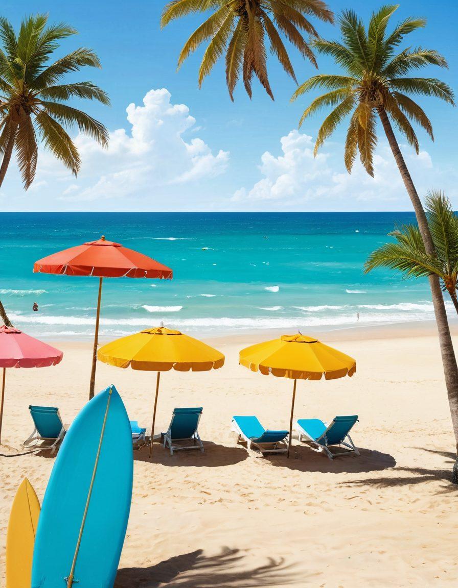 A pristine beach scene with golden sands and calm turquoise waves gently lapping at the shore, dotted with colorful beach umbrellas and stylish sunbathers sipping tropical drinks. Include palm trees swaying in the gentle breeze, stylish beachwear, and a clear blue sky filled with fluffy white clouds. Add a vintage surfboard propped against a palm tree for character. vibrant colors. 3D.
