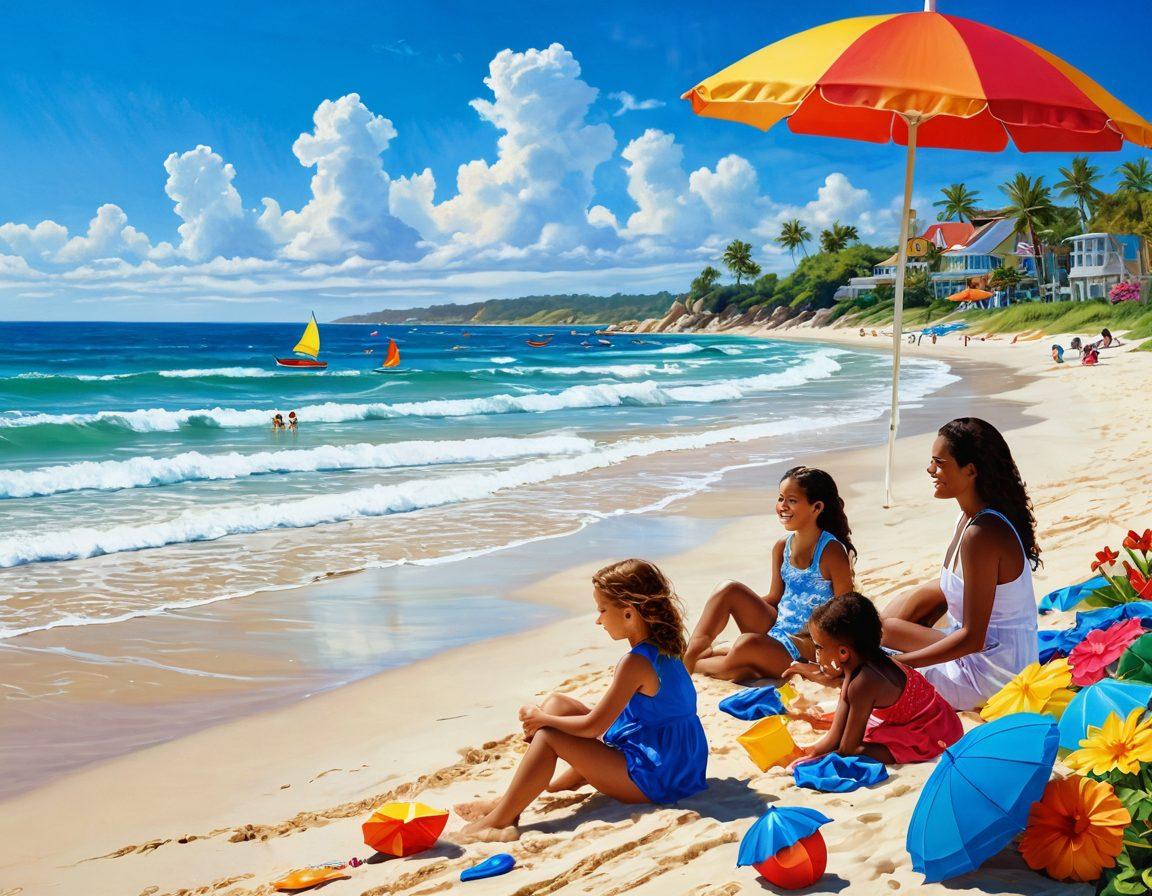 A sunlit beach scene depicting joyful families playing, building sandcastles, and laughing, with colorful beach umbrellas and vibrant beach toys scattered around. Include gentle waves lapping at the shore and a bright blue sky filled with fluffy clouds. Capture the allure of beach aesthetics with a sparkling ocean and vivid tropical flowers in the foreground. super-realistic. vibrant colors.